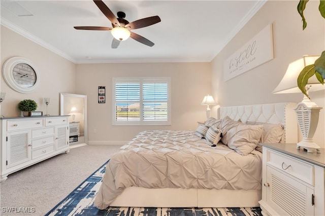 bedroom featuring crown molding, ceiling fan, baseboards, and light colored carpet