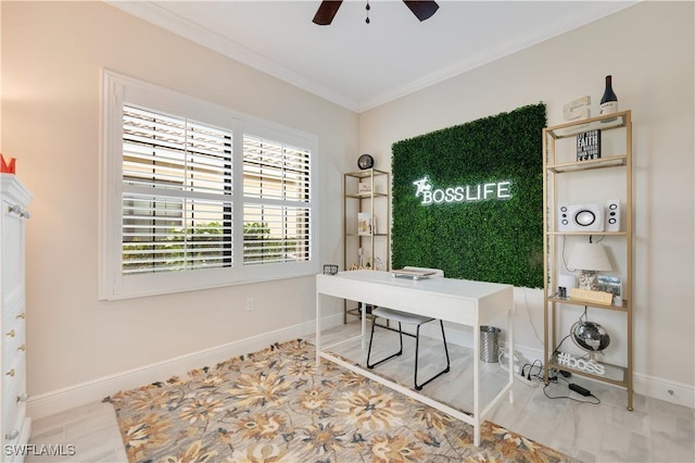 office area featuring baseboards, ornamental molding, and ceiling fan