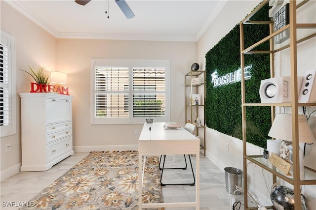 office area featuring crown molding, baseboards, and ceiling fan