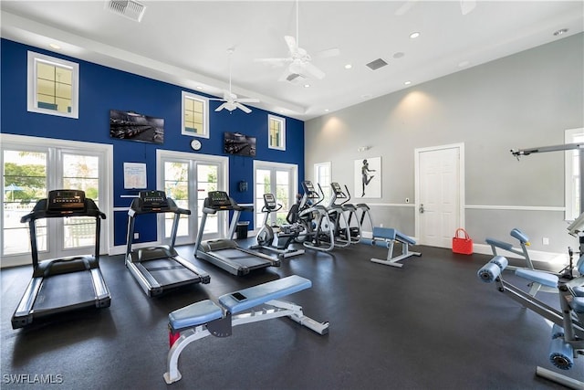 gym featuring french doors, recessed lighting, visible vents, and baseboards