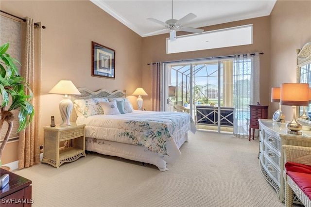 bedroom featuring a ceiling fan, access to outside, crown molding, and carpet