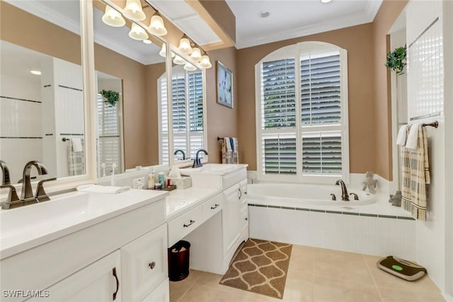 bathroom featuring double vanity, tile patterned flooring, a garden tub, and crown molding