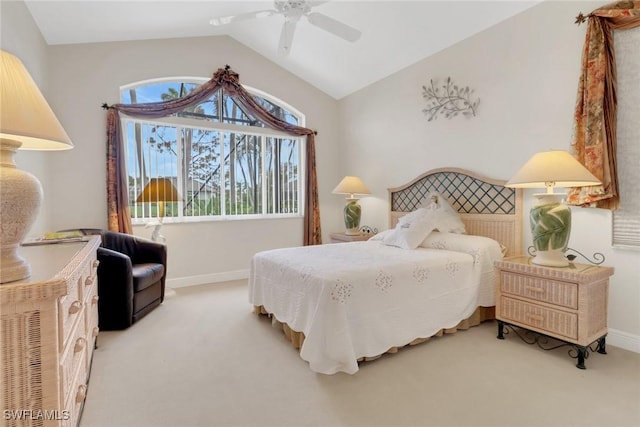 bedroom featuring lofted ceiling, carpet floors, a ceiling fan, and baseboards