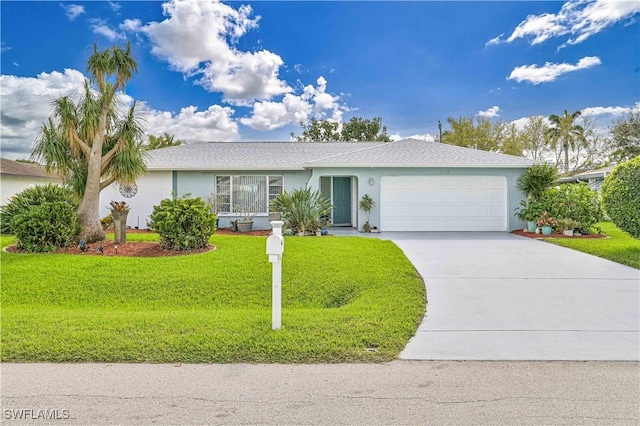 single story home with an attached garage, a front lawn, concrete driveway, and stucco siding