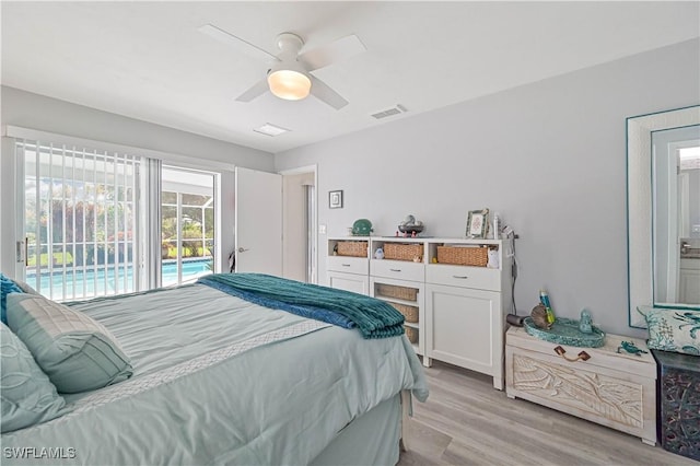 bedroom featuring ceiling fan, access to outside, light wood-type flooring, and visible vents