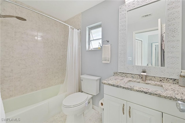 full bath with shower / tub combo, visible vents, toilet, tile patterned flooring, and vanity