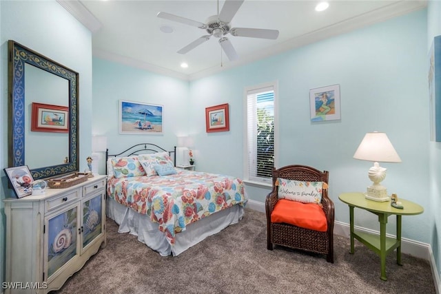 carpeted bedroom featuring recessed lighting, crown molding, baseboards, and ceiling fan