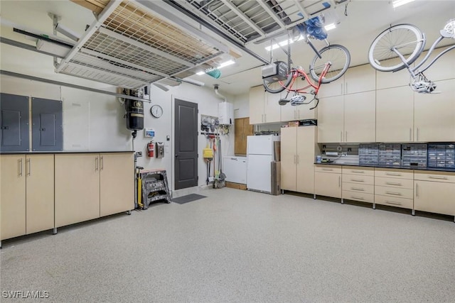 garage with freestanding refrigerator, electric panel, and water heater