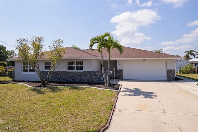 single story home featuring driveway, stone siding, stucco siding, an attached garage, and a front yard