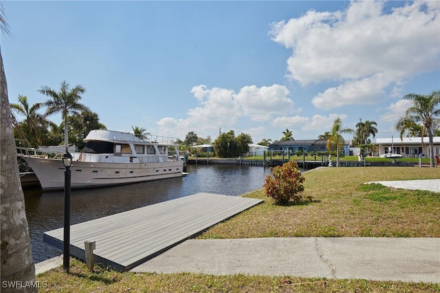 dock area featuring a water view and a yard