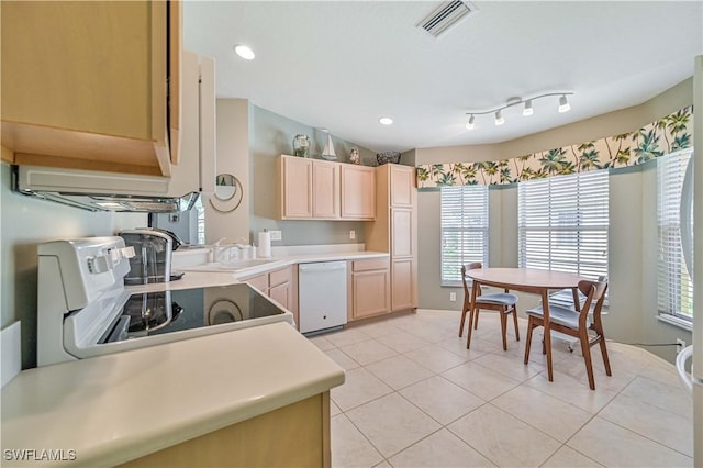 kitchen featuring a sink, electric stove, dishwasher, and light brown cabinetry