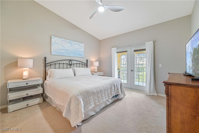 bedroom with access to exterior, french doors, lofted ceiling, light carpet, and baseboards