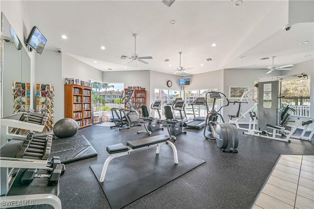 gym with a wealth of natural light, visible vents, and recessed lighting