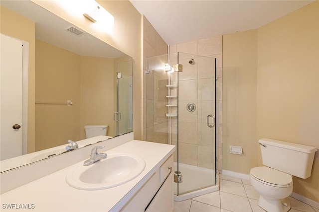 full bath with visible vents, baseboards, toilet, tile patterned floors, and a shower stall