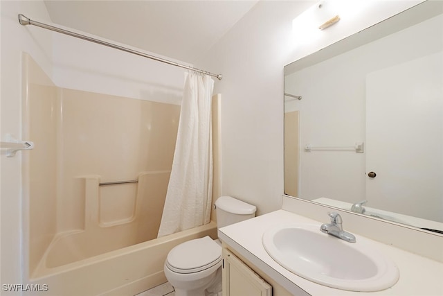 full bathroom featuring vanity, shower / bath combination with curtain, and toilet