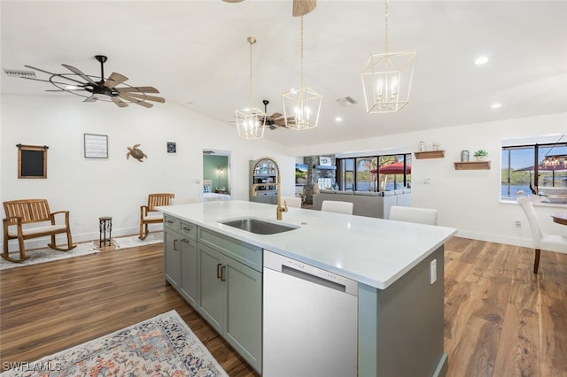 13308 Island Rd, Fort Myers, FL 33905 - kitchen featuring stainless steel dishwasher, a sink, vaulted ceiling, a chandelier, and light countertops