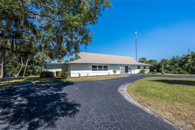 single story home with driveway, a front lawn, and stucco siding