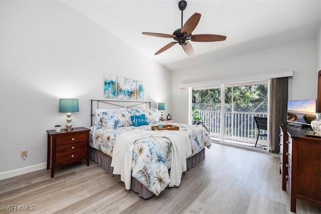 bedroom with baseboards, lofted ceiling, ceiling fan, access to outside, and light wood-type flooring