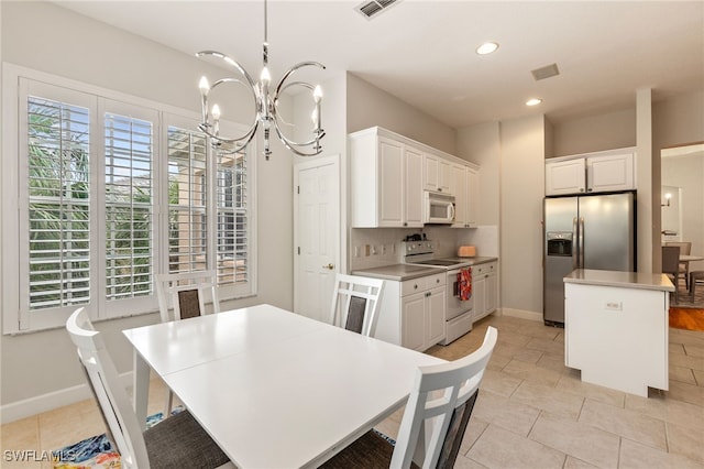 dining room featuring visible vents, recessed lighting, light tile patterned floors, baseboards, and a chandelier