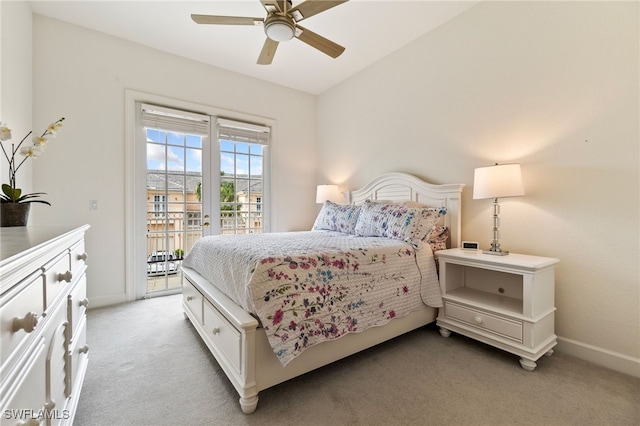 bedroom with access to exterior, baseboards, light colored carpet, french doors, and a ceiling fan