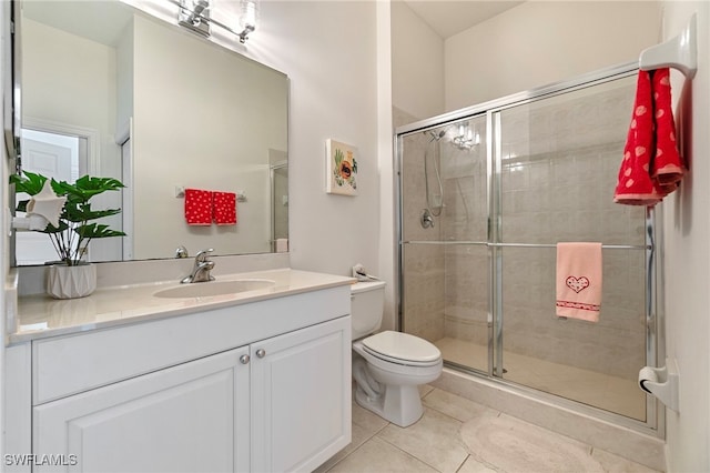 bathroom with tile patterned flooring, toilet, vanity, and a stall shower