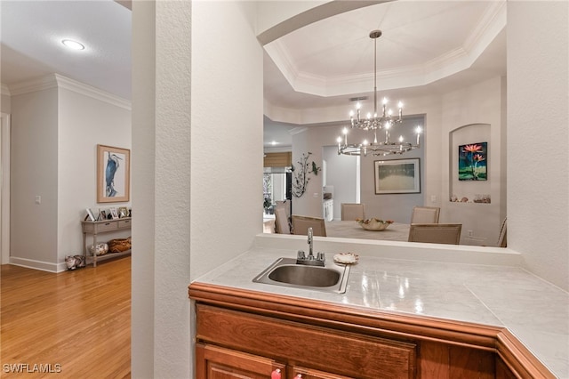 bar featuring a tray ceiling, crown molding, light wood-style floors, and a sink