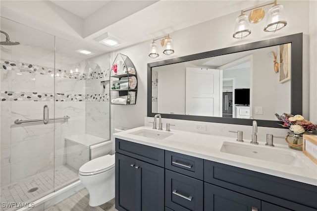 full bathroom featuring double vanity, a stall shower, a sink, and toilet