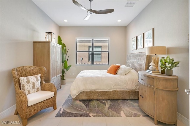 bedroom with light tile patterned floors, baseboards, visible vents, and a ceiling fan