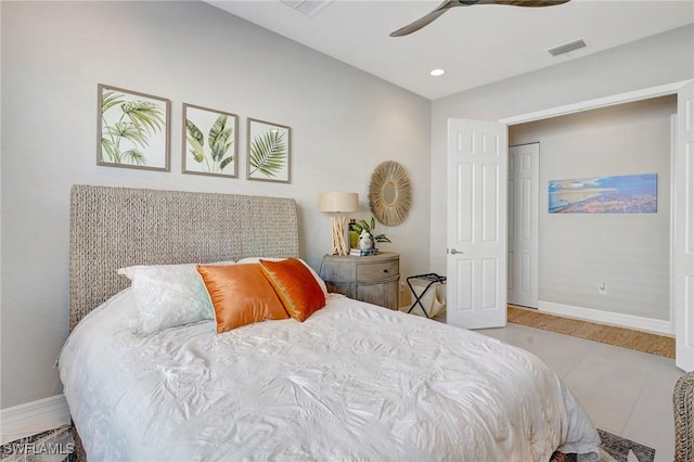 bedroom featuring visible vents, baseboards, ceiling fan, and recessed lighting