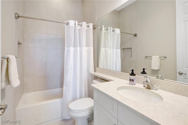 full bathroom with toilet, shower / bathtub combination with curtain, and vanity