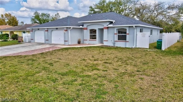 ranch-style house featuring an attached garage, fence, concrete driveway, stucco siding, and a front lawn