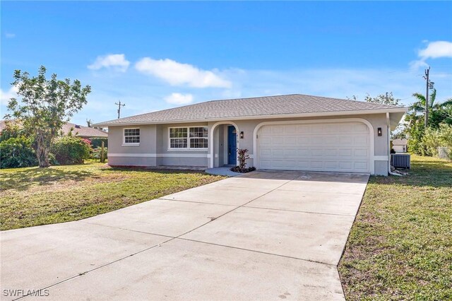 ranch-style home featuring central air condition unit, a front lawn, and stucco siding