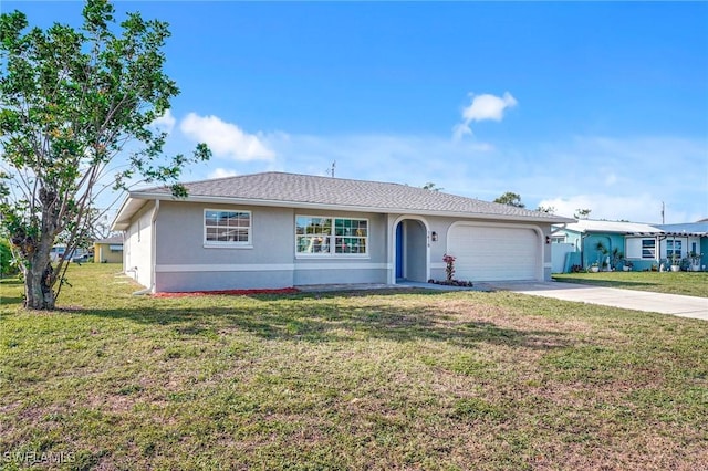 ranch-style home featuring a garage, driveway, a front lawn, and stucco siding