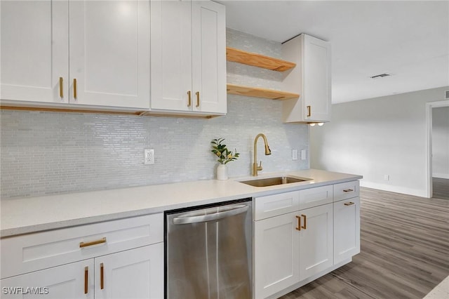 kitchen featuring a sink, white cabinetry, light countertops, and stainless steel dishwasher