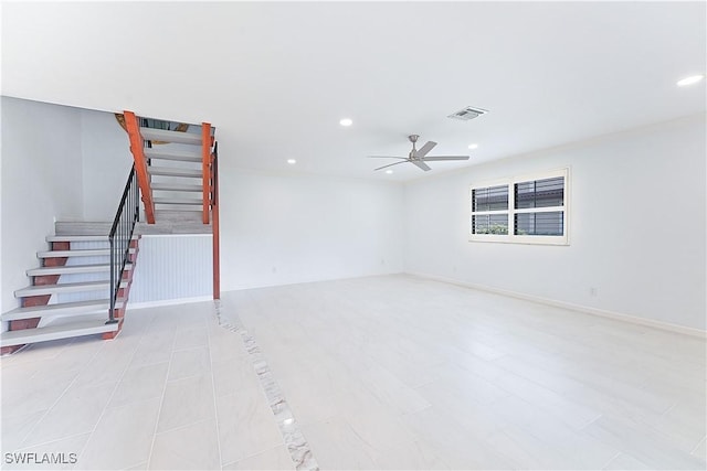 unfurnished living room featuring visible vents, baseboards, ceiling fan, stairs, and recessed lighting