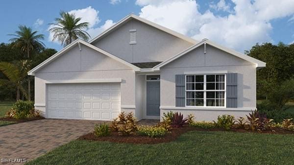 view of front of house with an attached garage, stucco siding, decorative driveway, and a front yard