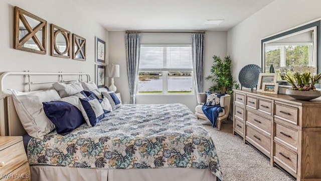 bedroom with multiple windows and light carpet