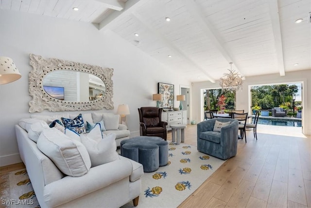 living area with recessed lighting, wood-type flooring, lofted ceiling with beams, and baseboards