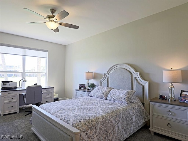 bedroom featuring ceiling fan and dark carpet