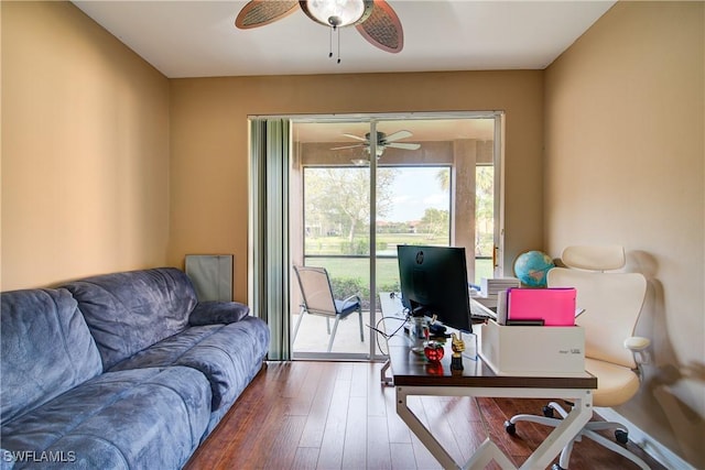 office featuring wood-type flooring and a ceiling fan