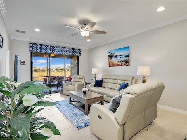 living room featuring a ceiling fan, visible vents, crown molding, and recessed lighting