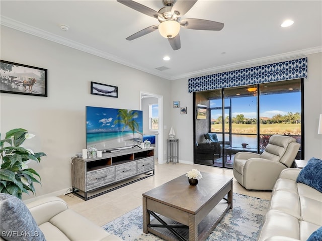 tiled living area featuring baseboards, ceiling fan, recessed lighting, and crown molding