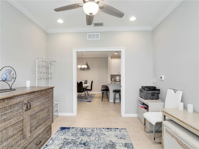 interior space featuring ornamental molding, visible vents, and light tile patterned floors