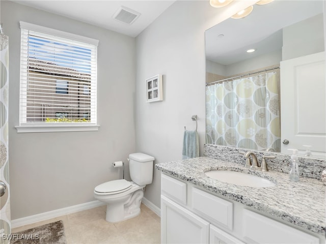 bathroom featuring visible vents, baseboards, toilet, tile patterned flooring, and vanity