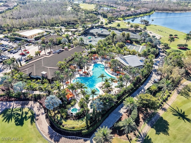 drone / aerial view featuring a water view