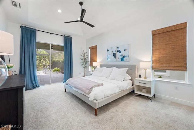 bedroom with access to exterior, baseboards, visible vents, and light colored carpet