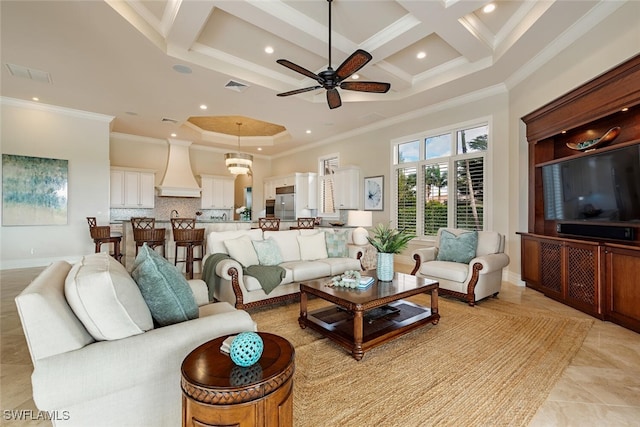 living area with beam ceiling, crown molding, visible vents, and coffered ceiling