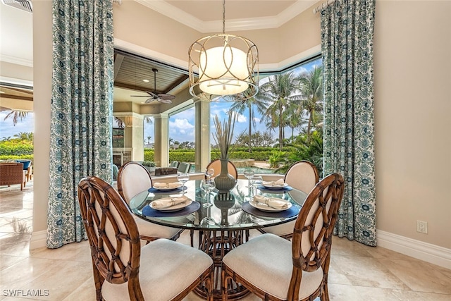 dining area featuring visible vents, baseboards, ornamental molding, light tile patterned floors, and ceiling fan with notable chandelier