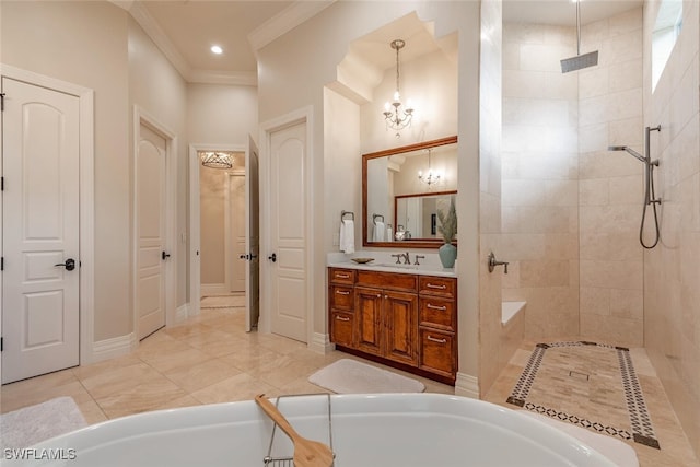 full bath with a walk in shower, a tub, recessed lighting, crown molding, and vanity