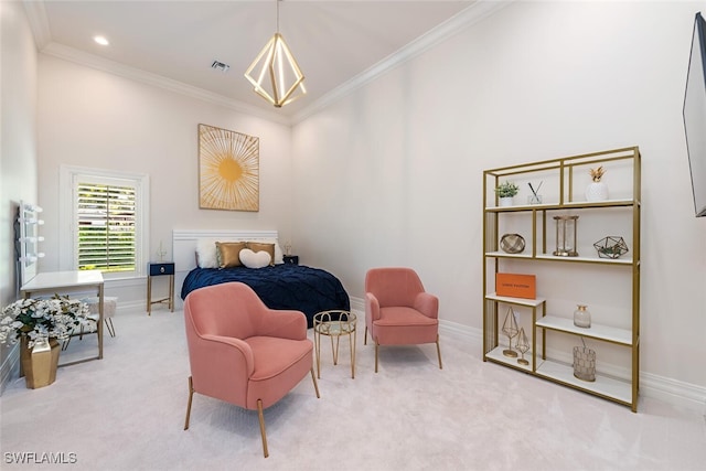 bedroom with visible vents, carpet floors, baseboards, and ornamental molding